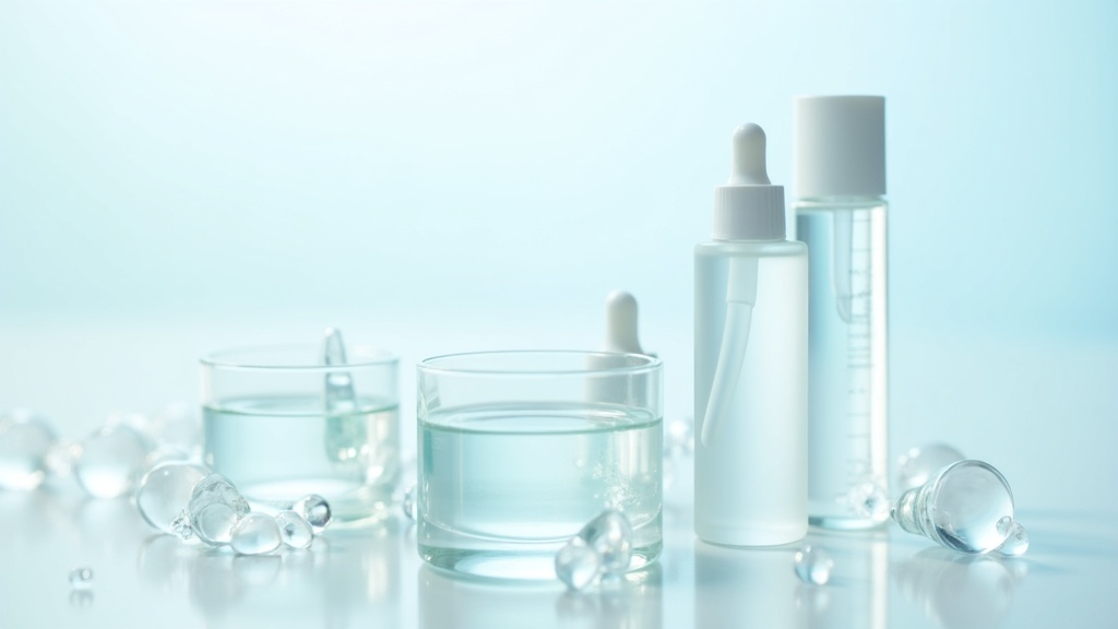 A close-up of laboratory glassware and clear serums with a minimalist background, suggesting skincare science and innovation